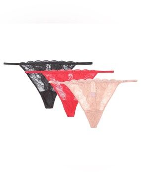 Joyspun String Thongs with Scalloped Lace, 3-Pack, Sizes XXL(20) Black&Red&Pink